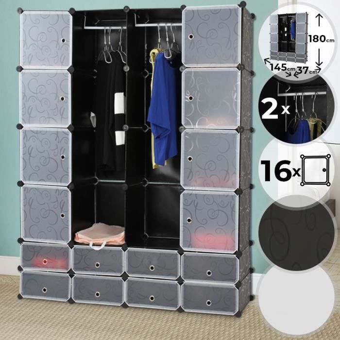 Armoire Penderie avec Cubes 18 Compartiments en Plastique, 145/180/37