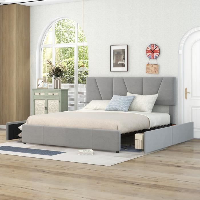 Chambre lit double rembourré avec tiroirs et tête de lit réglable - MISNODE - Gris (160*200cm)