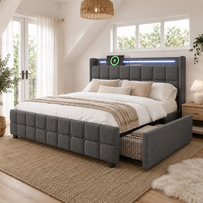 MODERNLUXE Lit adulte 160x200cm - 4 tiroirs + LED et 2 ports USB - contemporain - sommier à lattes - tissu en lin - gris