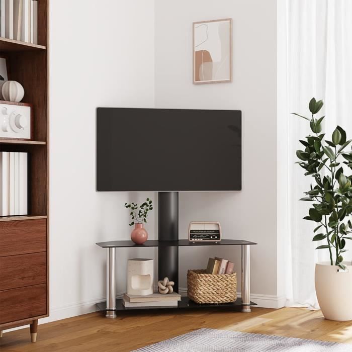 meuble tv d'angle 2 niveaux pour 32-70 pouces noir argenté mothinessto ly3684