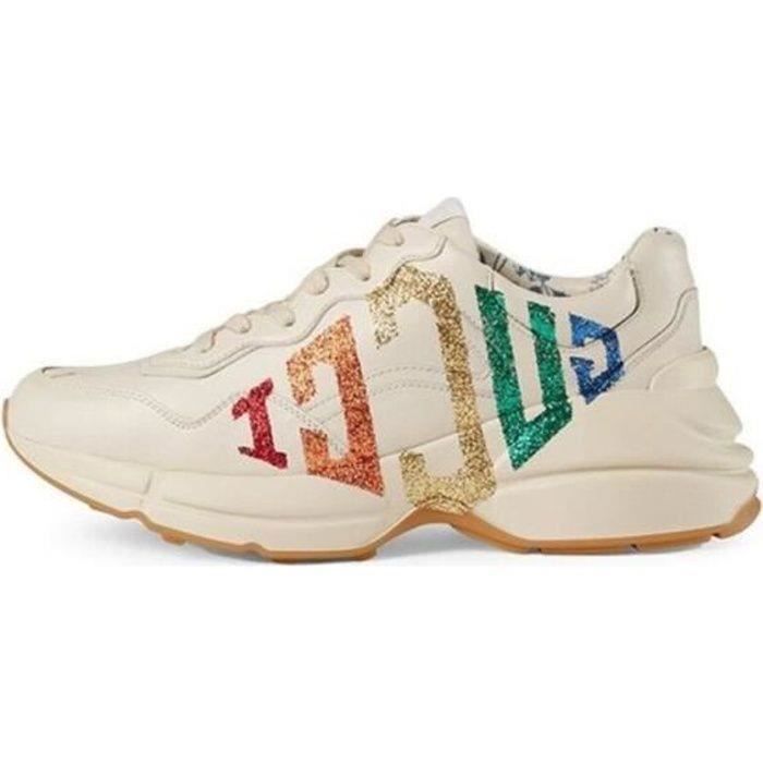 Basket Guccis Rhyton Homme Femme Chaussure Sneakers Pas Cher AUTREMENT Blanc Cuir Lacets Mixte Blanc Cdiscount Chaussures