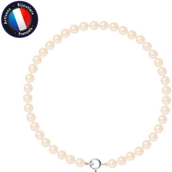 PERLINEA - Bracelet Véritable Perle de Culture d'Eau Douce Ronde 4-5 mm Rose Naturel - Or Blanc - Bijoux Femme