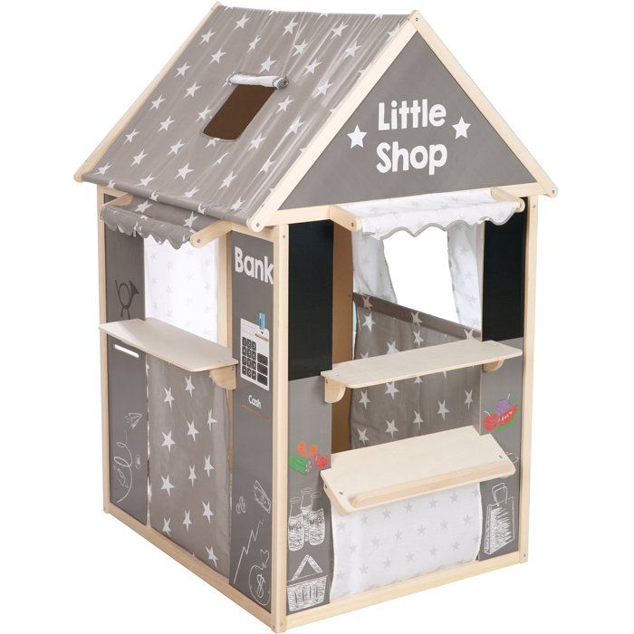 Maisonnette 4-en-1 - ROBA - Bois et tissu - 4 faces : Théâtre épicerie guichet poste banque kiosque avec tableau - Gris