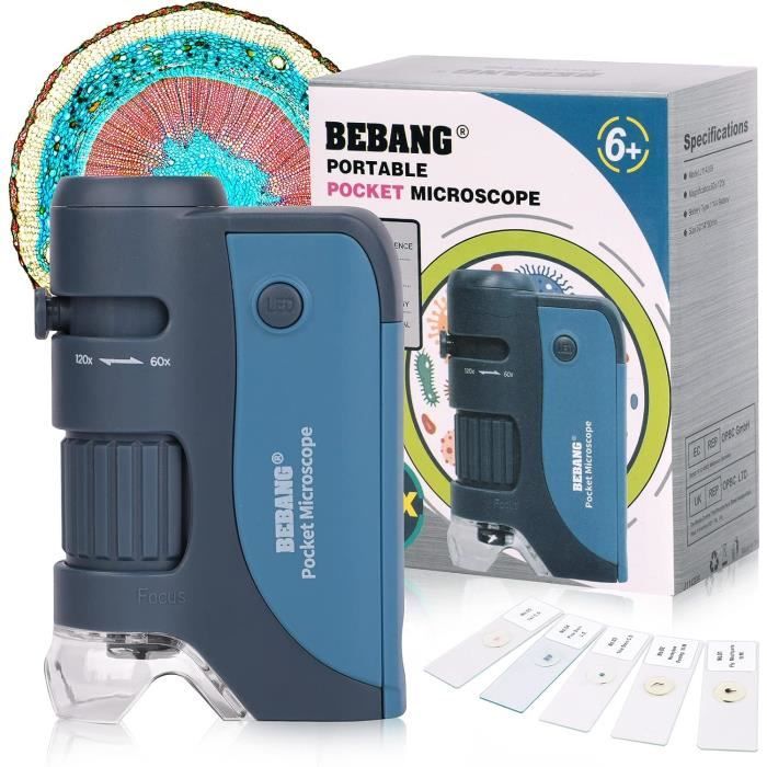BEBANG Microscope de Poche Portable 60x~120x pour Enfants avec Zoom éclairé par LED, Microscope