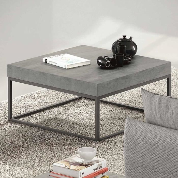 Table Basse Design Carree Bois Effet Beton Metal L75cm Petra