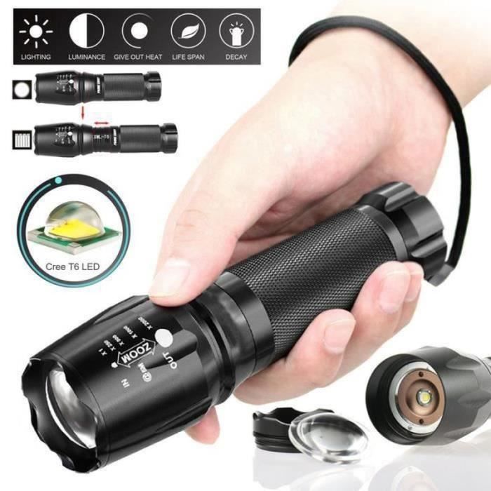 Lampe Torche LED Skywolfeye 2000LM T6 Zoom USB, 3 Modes, Noir, Avec Batterie 18650