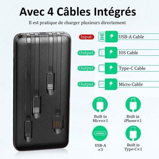 Batterie Externe 20000mAh Avec Câbles Intégrés - 4 Câbles (USB-C, Micro, Lightning, USB-A), 5 Sorties, Charge Rapide, Légère - 11