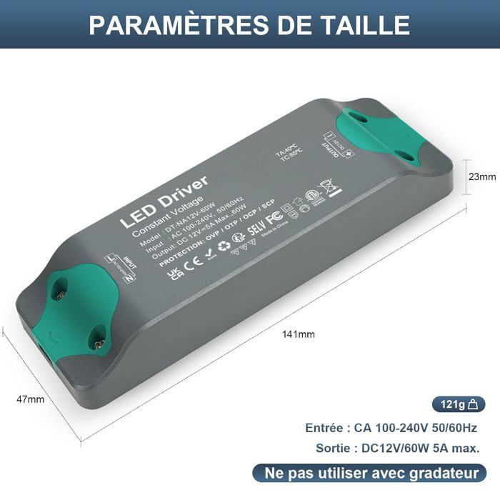 Transformateur 220V 12V 5A d'Alimentation LED 60W, 12 Volt Transfo LED ...