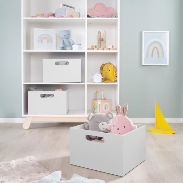 Roba Baumann Marchande Enfant en Bois - 6 Compartiments, 3 Tiroirs et Petit Placard - 2 Comptoirs et Horloge à Aiguilles Mobiles - Hauteur 113 cm - Blanc/Gris