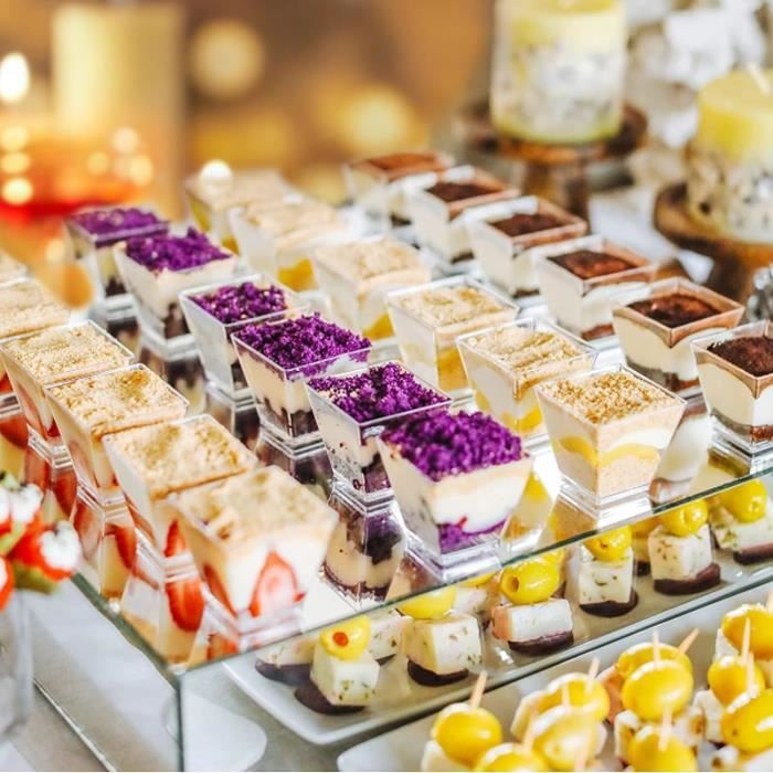 50 Verres à Dessert Plastique 60 Ml Carrés Avec Couvercles Et Cuillères – Réutilisables Et Transparents