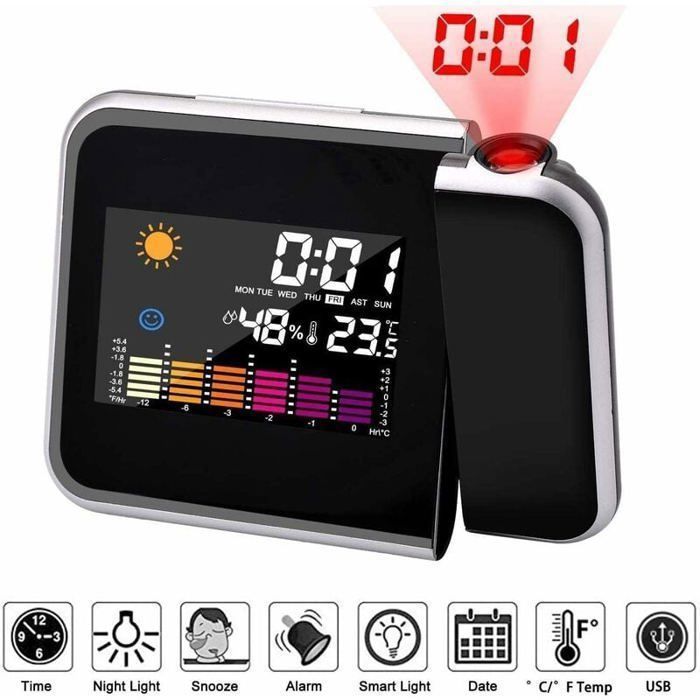 SMARTRO SC91 Réveil Projection + Station Météo – Thermomètre Int/Ext Sans Fil, Hygromètre, Prévisions 12h, 2 Alarmes