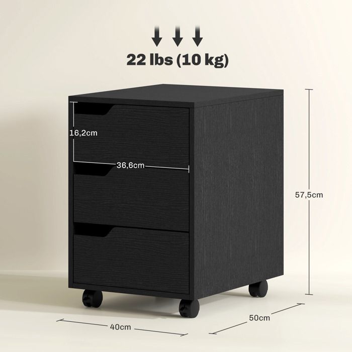 Caisson Bureau HOMCOM 3 Tiroirs Sur Roulettes – 1 Verrouillable, Support Classeur, Bois Noir, Rangement Documents