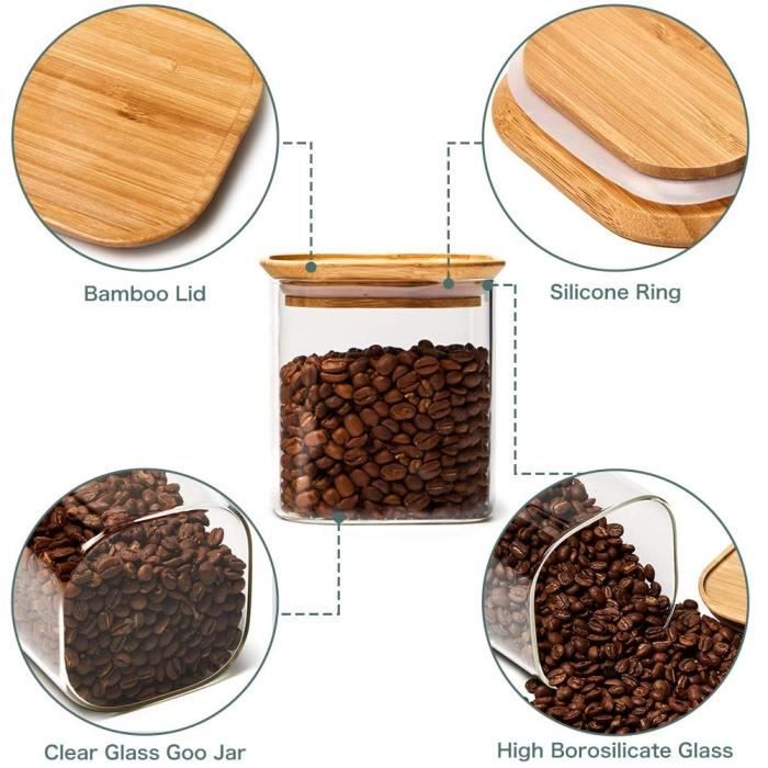 Set De 4 Bocaux En Verre Borosilicaté 500 Ml - Couvercle Bois Acacia, Hermétiques, Empilables