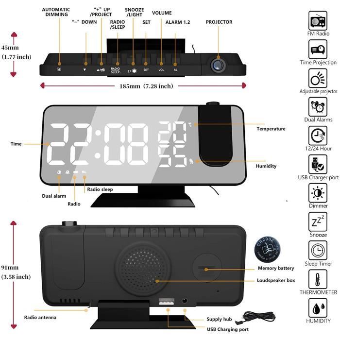 Reveil Projecteur avec Radio, Horloge Numérique, Radio Reveil USB avec  Double Alarme et Écran Miroir LED de 7, Snooze, 4 Niveaux de Luminosité,  12/24h, 15 Volume, pour La Maison, Le Bureau 