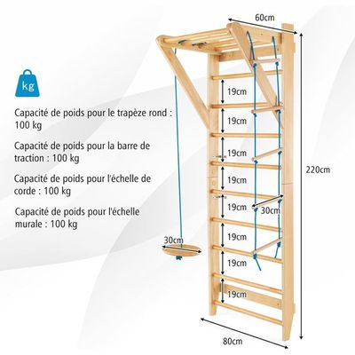 COSTWAY Espalier Suédois En Bois Massif – 80x48x195 Cm, Barre De Traction Amovible 8 Positions, Charge 100 Kg, Pour Maison Ou Salle De Sport