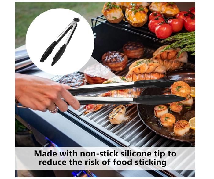 Set di pinze da cucina in silicone da 18/23/30 cm, pinze da cucina con punte in silicone e manico in acciaio inossidabile, pinze per grigliare, barbecue, buffet (Nero, 18/23/30 cm