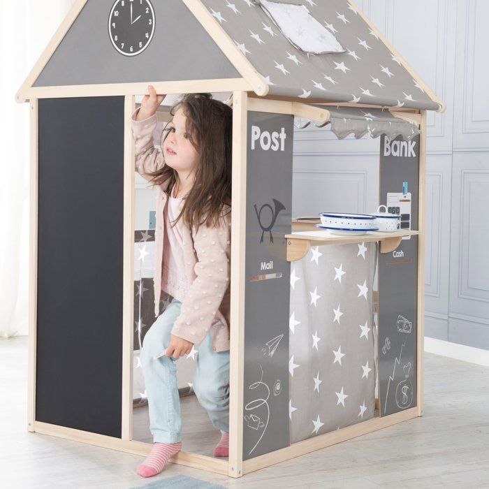 Roba Maisonnette 4 En 1 En Bois Et Tissu – Cabane Avec Théâtre, épicerie, Poste, Banque Et Tableau Noir – Dès 3 Ans