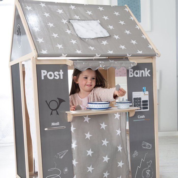 Roba Maisonnette 4 En 1 En Bois Et Tissu – Cabane Avec Théâtre, épicerie, Poste, Banque Et Tableau Noir – Dès 3 Ans
