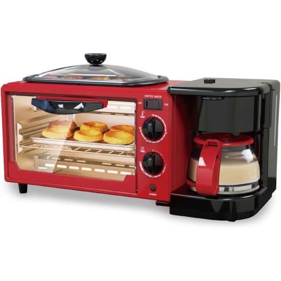 Station De Petit-Déjeuner 3 En 1 : Four Électrique 9L + Cafetière 600ml + Grille-Pain & Plaque Anti-Adhésive – Cuisson Œufs, Bacon, Saucisses – Température 100-230°C & Minuterie 30 Min