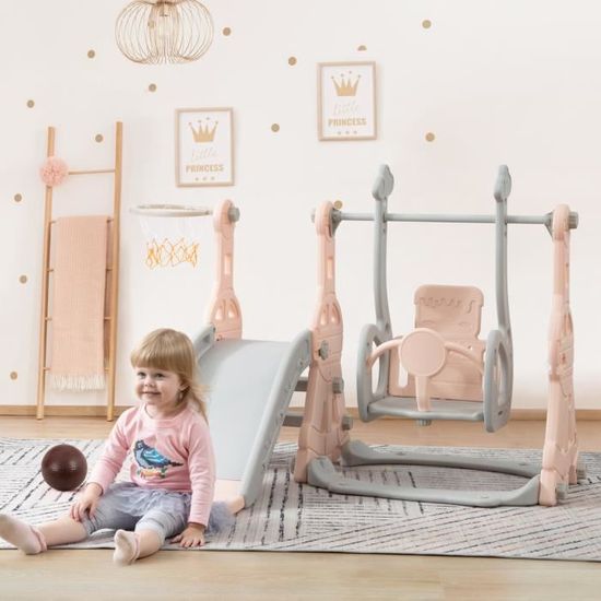 Toboggan 4 En 1 Pour Enfants – Balançoire, Panier De Basket, Escalade – Intérieur/Extérieur – Rose – Dès 1 An (45 Kg)