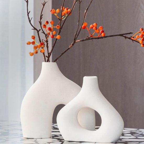 Lot De 2 Vases En Céramique Noir Et Or Avec Motifs Percés - Décoration Moderne Pour Mariage, Salon Ou Bureau
