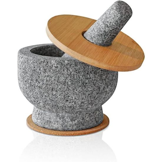 Mortier Et Pilon En Granit Praknu 400ml - Grand Modèle Pour Épices Et Herbes Avec Sous-Verre Bois FSC®