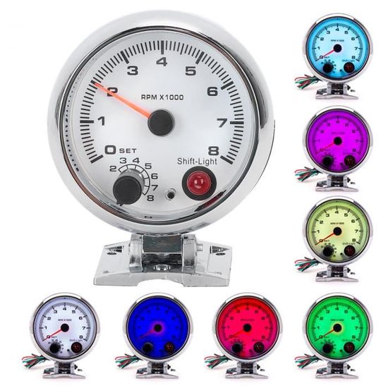 Tachymètre Voiture 3,75" - 0-8000 Tr/min, Rétroéclairage 7 Couleurs, Pour Véhicules Essence 4/6/8 Cylindres 12V