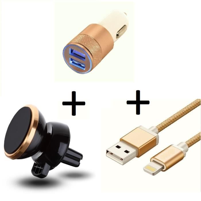 Pack Accessoires Voiture pour IPHONE 7 (Cable Chargeur Metal Lightning + Double Adaptateur Allume Cigare + Support Magne (OR)