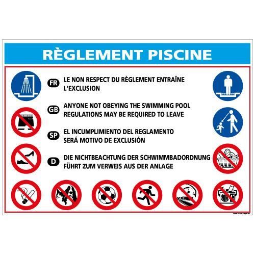 Panneau AFFICHAGE OBLIGATOIRE PISCINE - PVC 1,5 mm - Adhesif au dos - Dimensions 300x210 mm