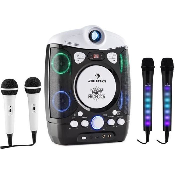 auna Kara Projectura Dazzl Set karaoké lecteur CD CD-G USB MP3 - Projecteur pour afficher les paroles - 2 micros inclus - Noir