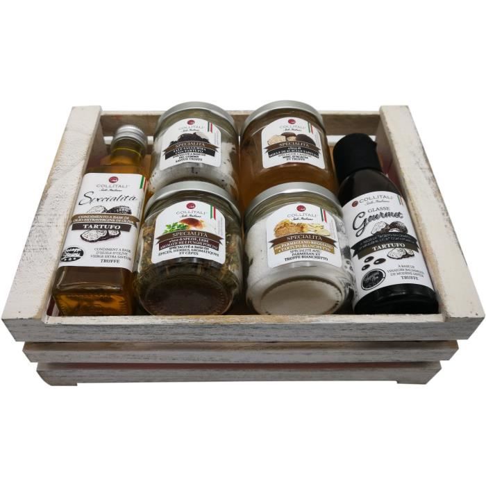 COLLITALI CAGETTE TRUFFE : huile olive 100 ml, sel 100 g, parmiggiano truf 90 g, miel 120 g, herbes 19 g, balsa truf 100 ml.