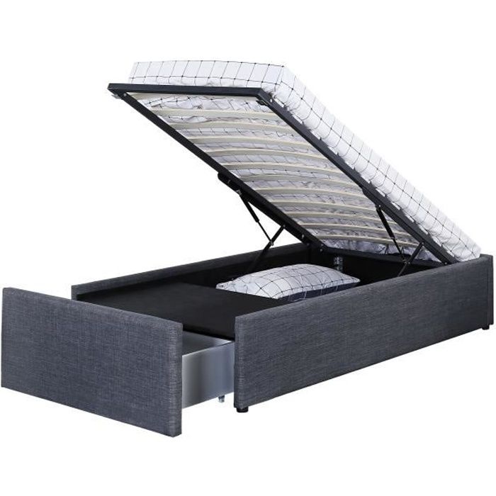 LAGERTHA LIT COFFRE 90X190 CM LIN GRIS SOURIS 1 TIROIR