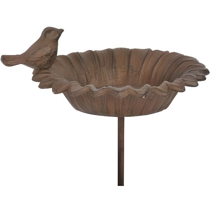 Bain à Oiseaux Abreuvoir Mangeoire Perchoir sur Pique Forme Feuille avec Oiseau en Fonte Patiné Marron 13.5x13.5x77cm