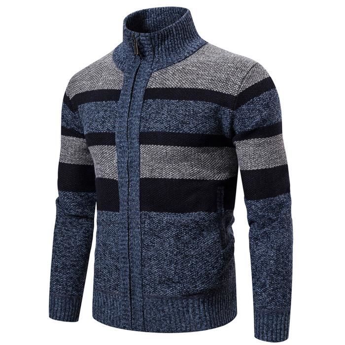 Manteau de cardigan zippé à manches longues à rayures pour hommes - Bleu