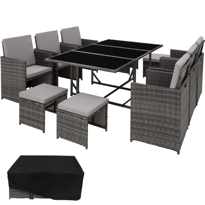 TECTAKE Salon de Jardin MALAGA en Résine Tressée et Acier 6 Chaises 4 Tabourets 1 Table Gris + 1 Housse