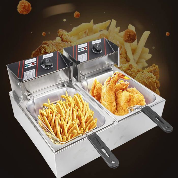 Friteuse électrique Double Panier 4L – Inox, 1800W, Avec Couvercle, Neuve