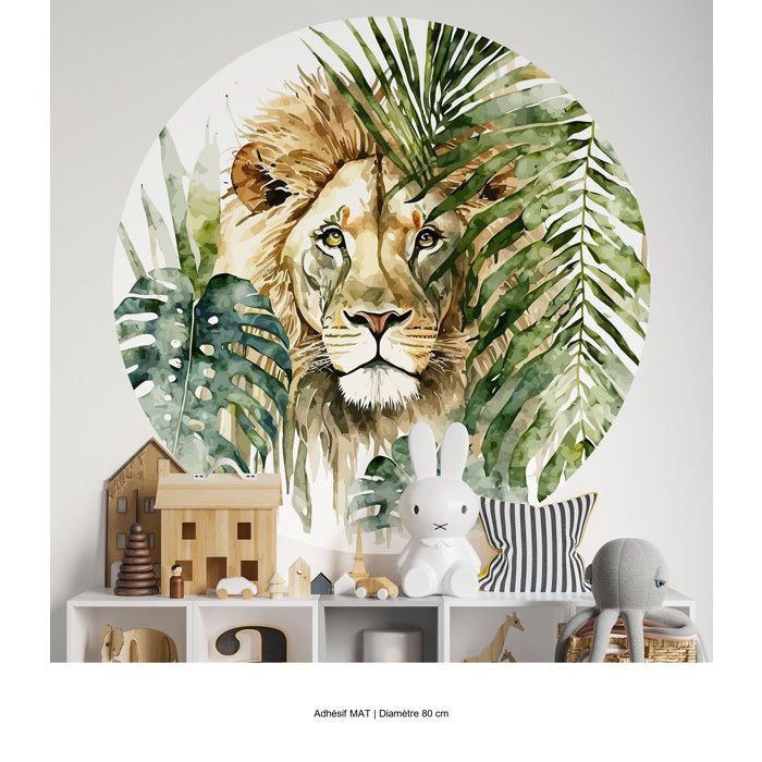 Sticker mural rond / cercle Enfants - Lumaléa - Lion - Adhésif MAT ...