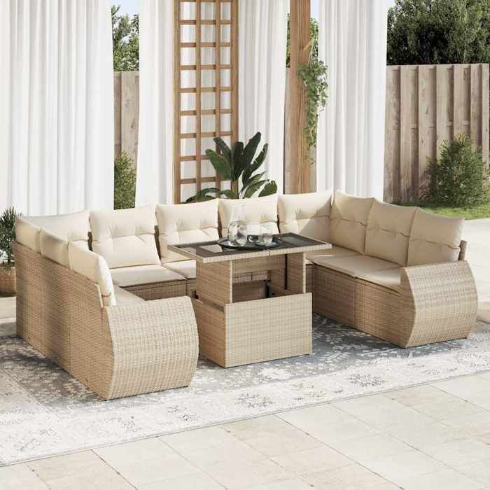 vidaXL Salon de jardin avec coussins 10 pcs beige résine tressée 3326699