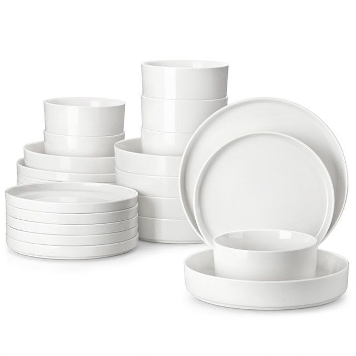 MALACASA Vaiselle LEAH 24 Pièces Assiettes Service Complet Bordure semi-debout à Pattes Hautes 6 Personnes - Blanc