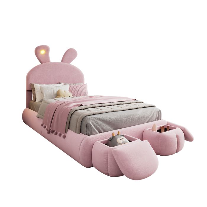 Lit simple enfant 90x200 cm -lit rembourré bebe avec sommieroreilles de lapin lampe à rayures chaudes2 tabouretsveloursrose