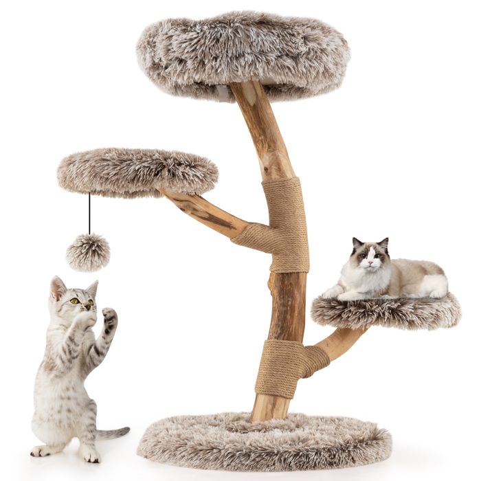 Comparer les prix de COSTWAY Arbre à Chat 90 cm en Bois de Poirier, Perchoir, Griffoirs en Jute Naturel, Balle Suspendue, Centre d'Activités pour Chats