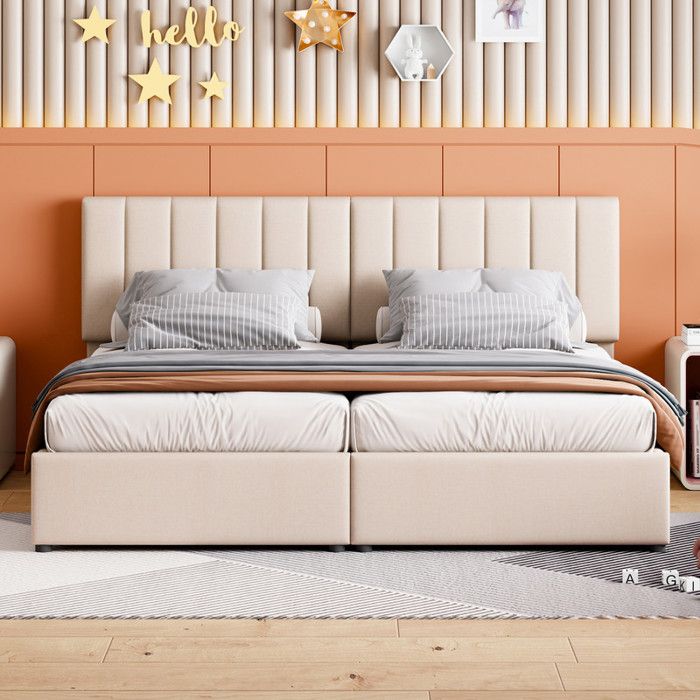 Lit double 180x200 cm en lin - Tête de lit rembourréelit coffre avec Sommier à lattes adulte/enfant hydraulique Cadre de litbeige