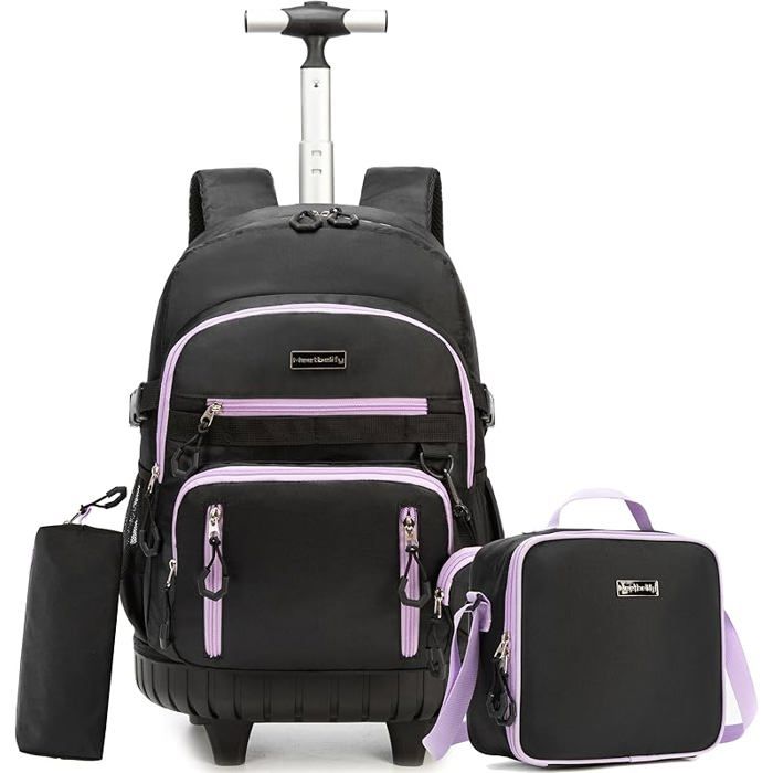 Cartable à Roulettes Fille Tanou 6 Roues - Sac Dos École Primaire 8-14 Ans Violet Nylon Durable