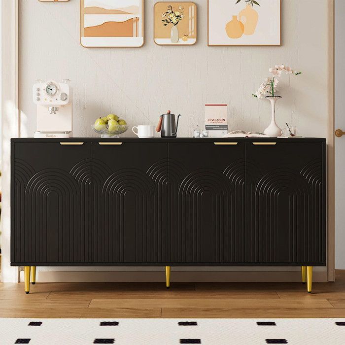 Buffet 160x40x80 cm avec 4 portes et poignées dorées Buffet de cuisine avec pieds brillants commode Buffet salon en noir