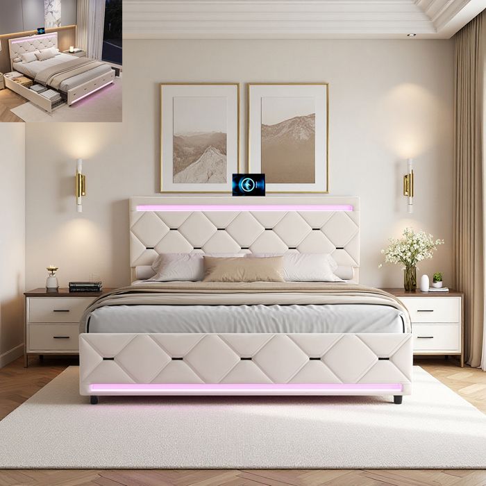 Lit Double Coffre - 140x200 cm - LED et USB - 4 Tiroirs - Sommier à Lattes - Lit de Rangement Rembourré - Chambre - Velours Beige