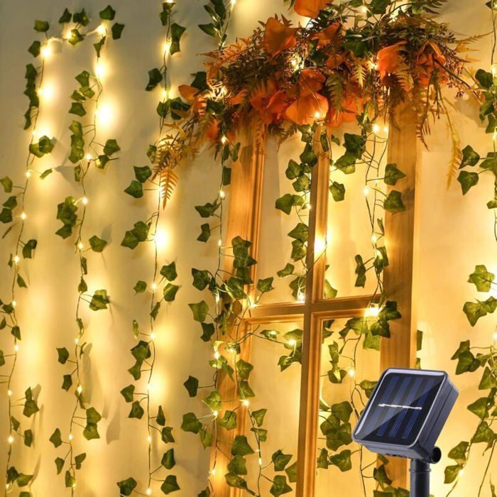 Guirlande lumineuse solaire dextérieur 12 m 100 LED lierre artificiel 8 modes étanche pour jardin balcon terrasse chambre