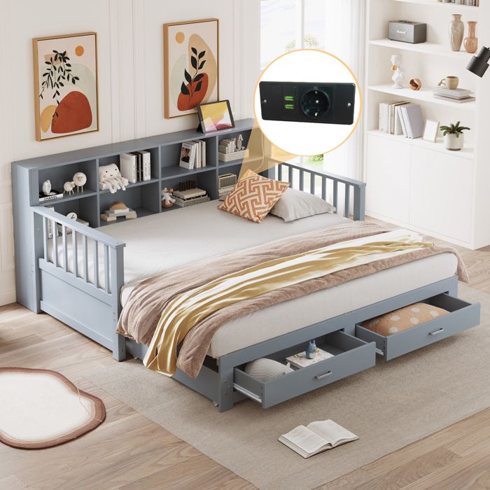 Canapé - lit extensible en bois massif 90 / 180x190 cm casier avec prise de charge au dos avec 2 tiroirs et cadre à lattes lit