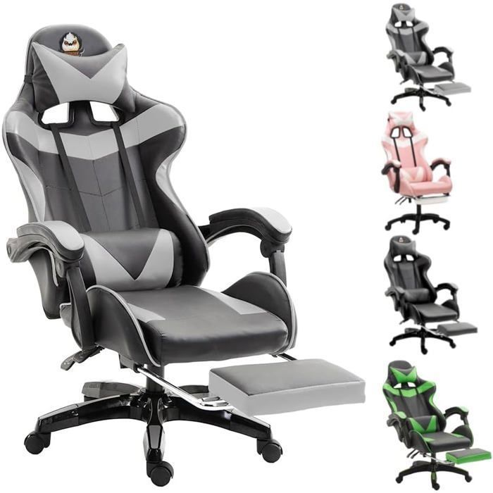 Chaise Gaming Ergonomique Noir et Gris Support Lombaire Repose-pieds Oreilles de Chat Coussin Tête Inclinaison Réglable