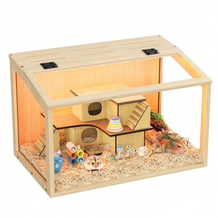 Comparer les prix de Cage à hamster - BingoPaw - Cage pour rongeurs avec couvercle ouvrable fenêtre en Verre Trempé - 60x40x40cm - Bois Naturel