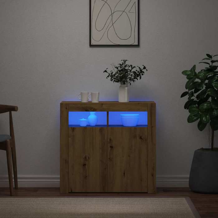 Buffet avec lumières LED - vidaXL - Chêne artisanal - Bois dingénierie - 80x35x75 cm - Lumières LED RVB - 2 portes Buffet avec lumières LED - vidaXL - Chêne artisanal - Bois dingénierie - 80x35x75 cm - Lumières LED RVB - 2 portes
